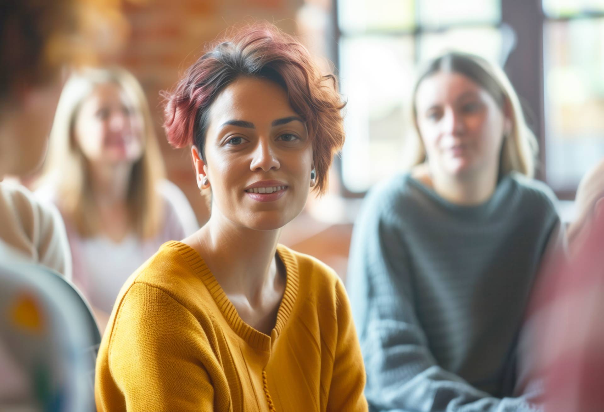 An addiction treatment group session with young woman looking straight at the viewer