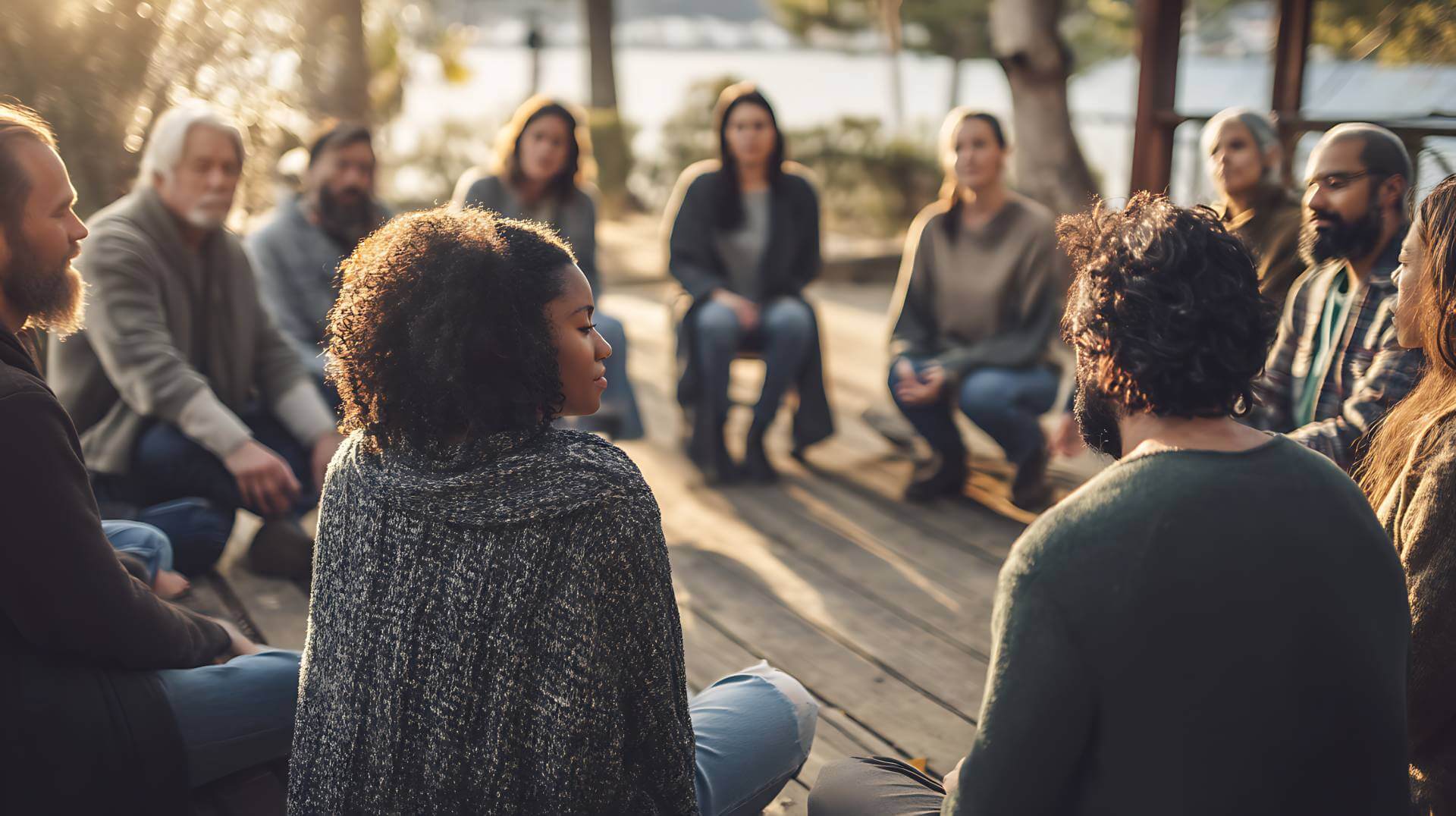 An addiction treatment group therapy session in an outdoors setting overlooking a lake