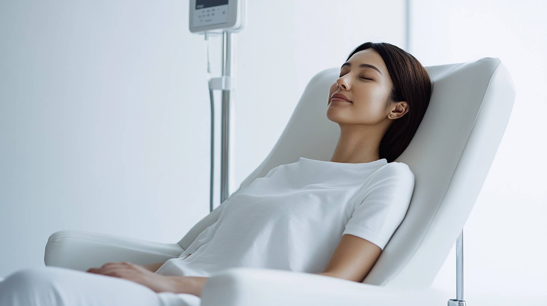 A female addiction treatment patient in a chair with an iv machine next to her